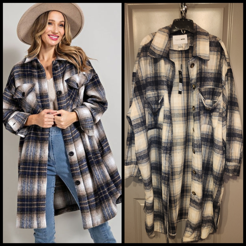 Fashion Nova Plaid Jacket - Blue and White
